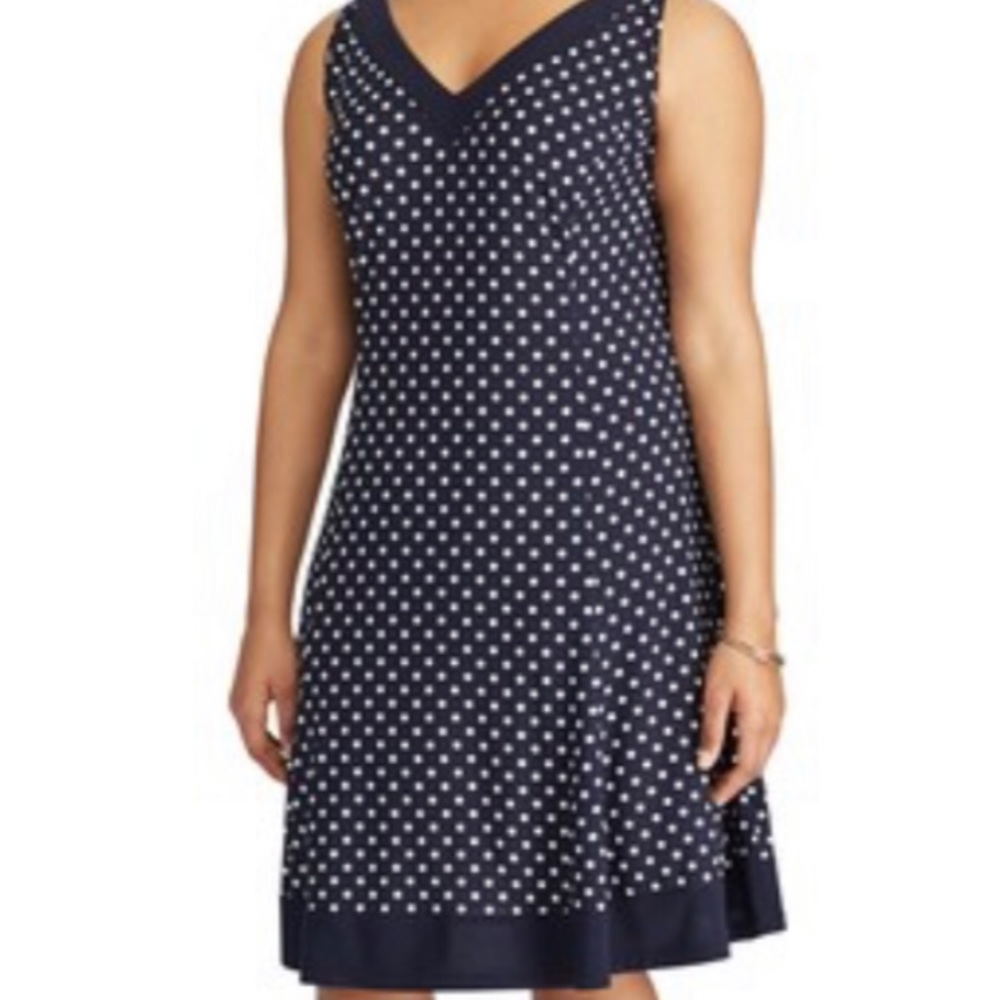 Chaps Navy Polka Dot V-Neck Fit & Flare Dress